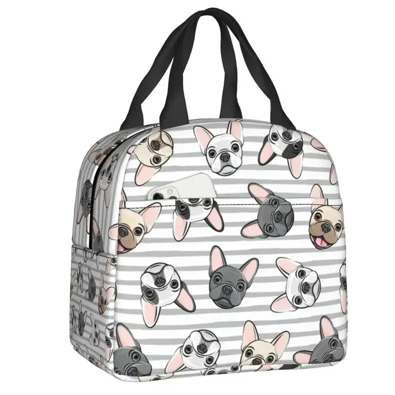 

Grey Stripes French Bulldogs Lunch Bag Women Cooler Warm Insulated Lunch Container for Student School Work Picnic Food Tote Bags