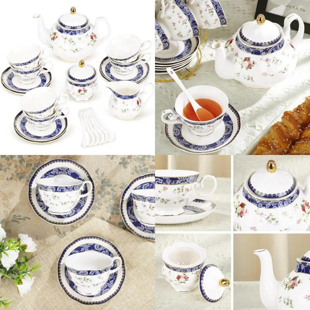 

Adults' 21-Piece Blue Lace and Roses Bone China Tea Set with Sugar and Creamer, English Country Style