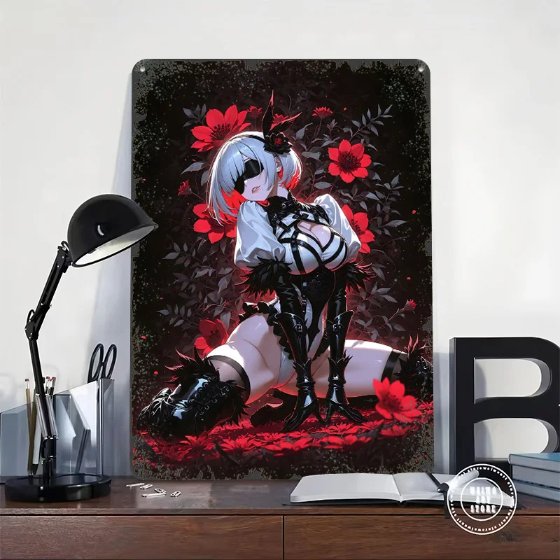 Anime Girl in Red Floral Setting Tin Plaque Poster Customized Wall Art Retro Vintage Metal Signs for Man Cave Home Decorations