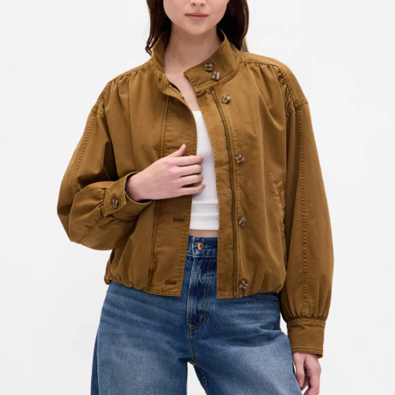 

Повседневная коричневая короткая куртка для женщин, однобортное пальто с длинным рукавом и воротником-стойкой, новинка 2025, женская верхняя одежда, модный наряд