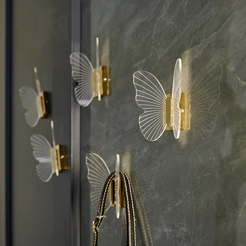 Acrylic Brass Hook Butterfly Robe Hooks Door Bag Key Holder Towel Hanger Rack Wall Mouted Bathroom Hardware Storage Holder