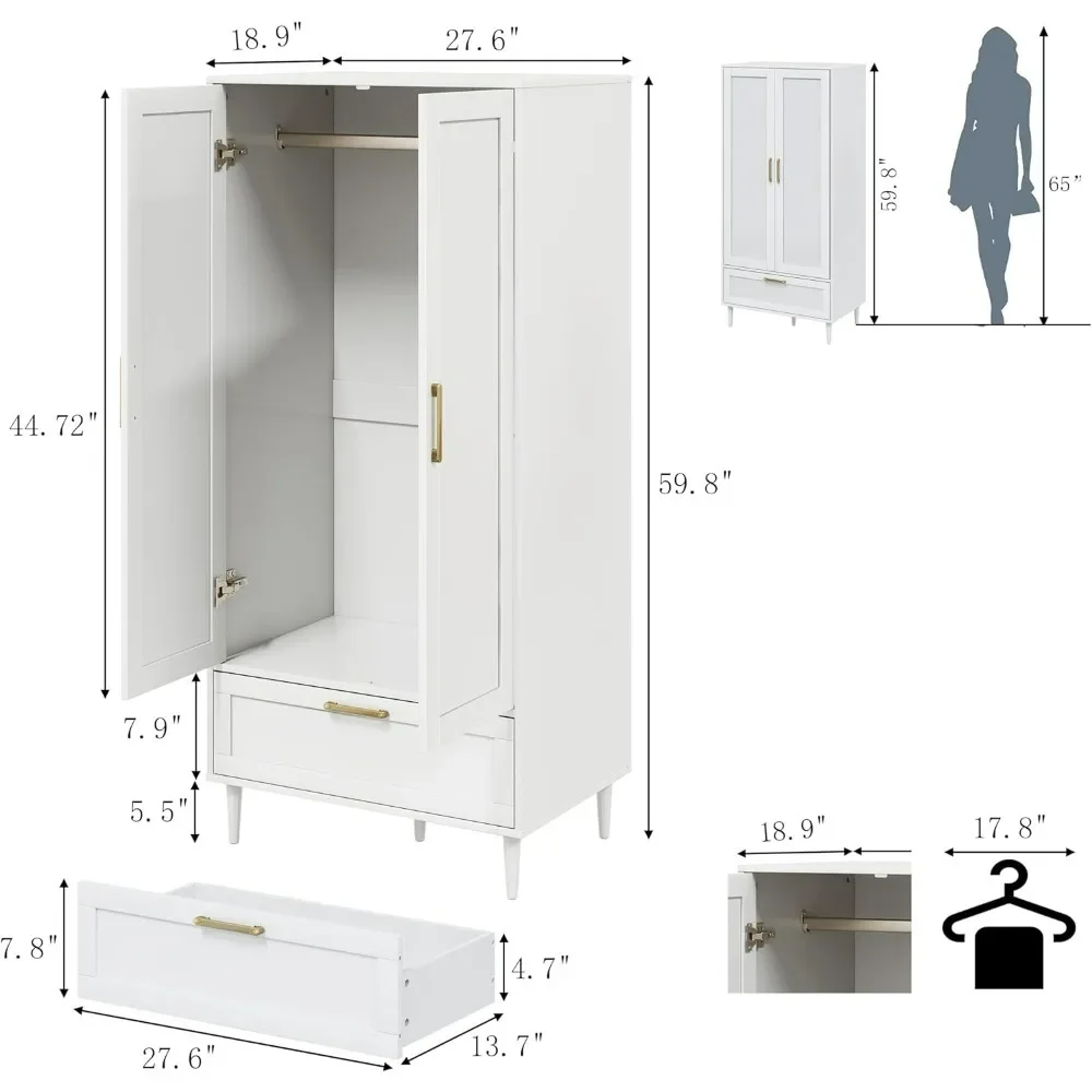 Bedroom Armoire Wardrobe Closet with Hanging Rod,60