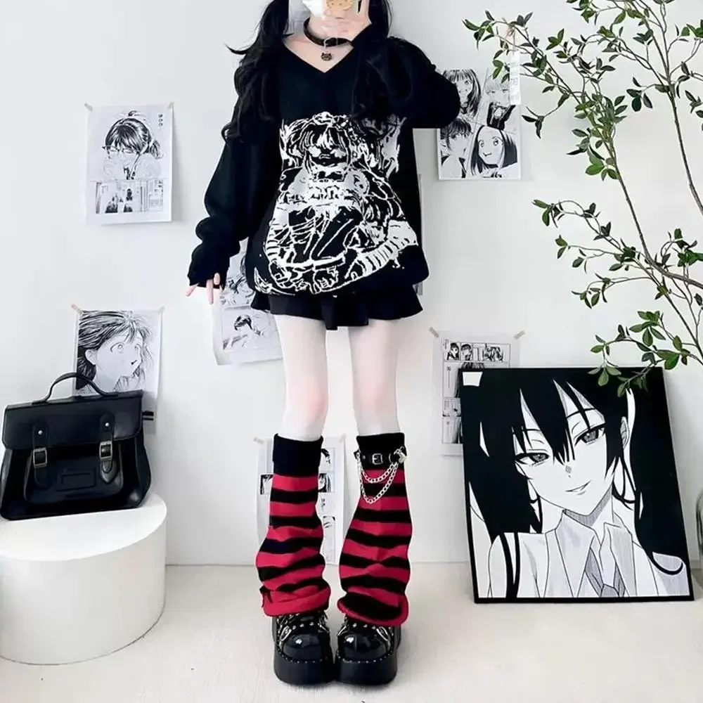 Schwarz Weiß Lolita Lange Socken Gestrickte Japanische Wintersocken Gothic Damen Gestreifte Beinwärmer Arm Knöchelwärmer Breite Beine Abdeckung