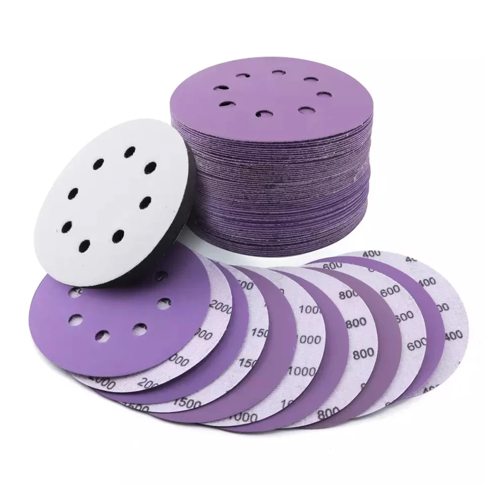 

10pcs 125mm Purple Sandpaper with 8 Holes Hook Loop Sandpaper 80-2000 Grits 5Inch Sanding Disc Abrasive Tools For Wood Metal Car