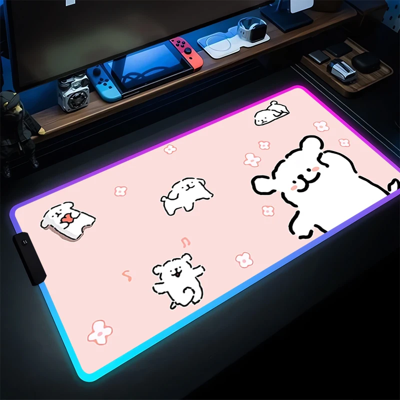 

Mouse Pad Gaming Accessories Gamer LED PC Computer Kawaii Desk Mat RGB Pink Flower Keyboard Tablet Pad Cartoon Line Dog Mousepad