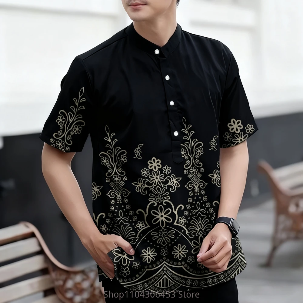 2025 New Men's Ethnic Style Simple Retro Short-sleeved Shirt Plant 3D Printing Business Casual Fashion T-shirt Vacation Outdoor