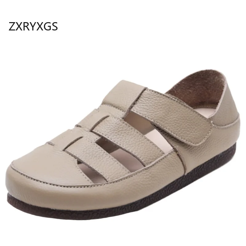 ZXRYXGS 2026 Summer Top Layer Cowhide Women Sandals Round Toe Hollow Soft Sole Flat Sandals Comfortable Fashion Casual Sandals