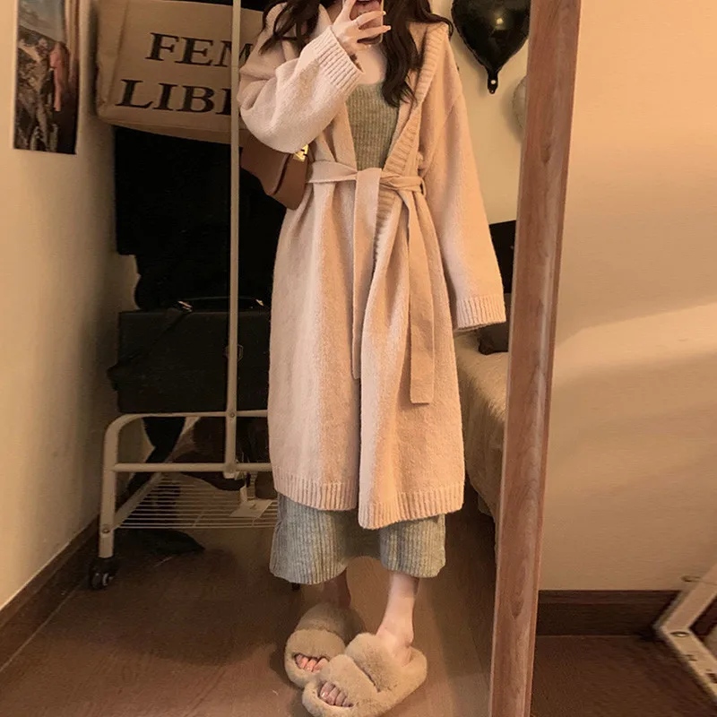 

2025 Autumn and Winter New Women's Mid-Length Hoodie Knitted Cardigan Lazy Over-Knee Waist Belt Sweater Coat
