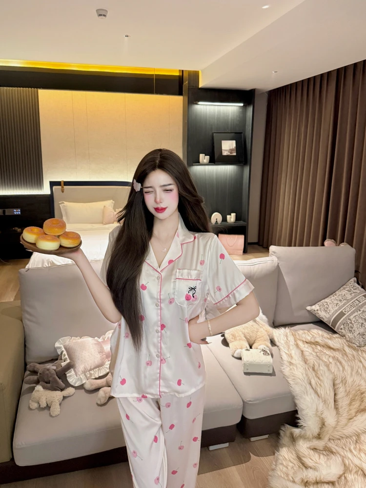 Japanese Sweet Ins Satin Ice Silk Short Sleeve Pajamas Spring Summer Cute Girl Homewear Set 2025 New Wearable Outside