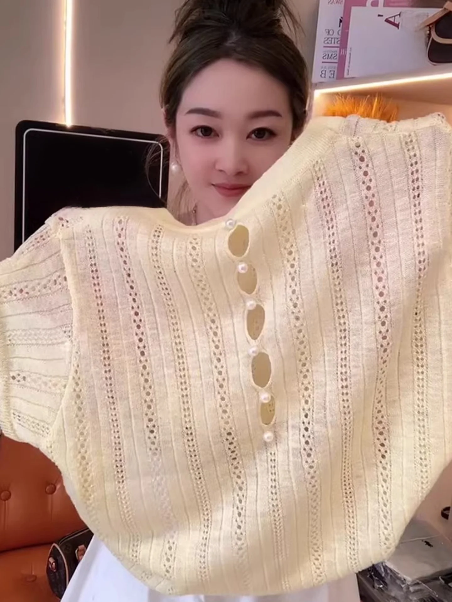 

Ele Hollow out Summer Knitwear Color Commute ort Sve Women's Top Slimming Trendy Korean Sle Regular Fit