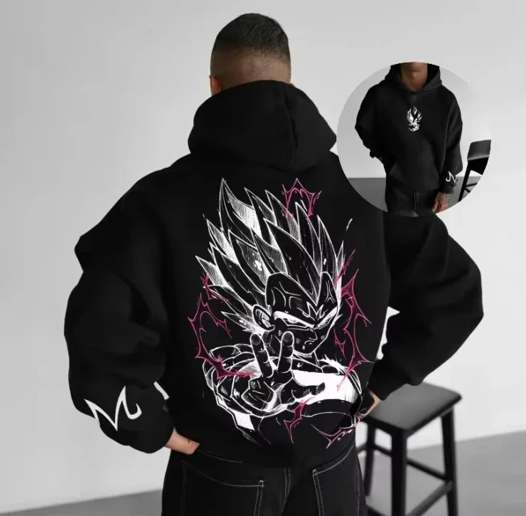 Sudadera con capucha de Dragon Ball con estampado de espalda de Goku efectos de llama azul manga de texto Kanji japonés acento bolsillo canguro forro polar