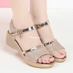 Ladies Sequin Fabric High Heels Women's Summer Sandals 2023 New Casual Open Toe Elegant Mid Heel Fashion Luxury Designer Casual