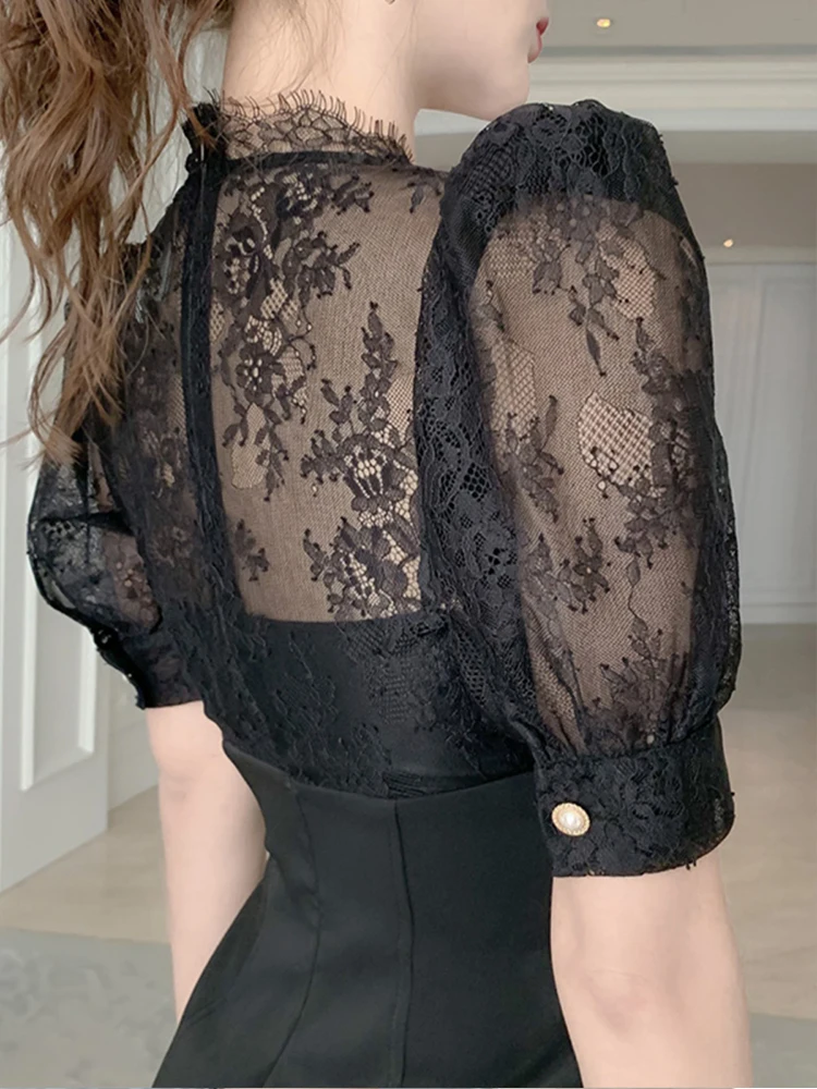 New Arrival Fashion Bodycon Night Club Party Dress Women Elegant Summer Sexy Perspective Lace Temperament OL Black Mini Dress