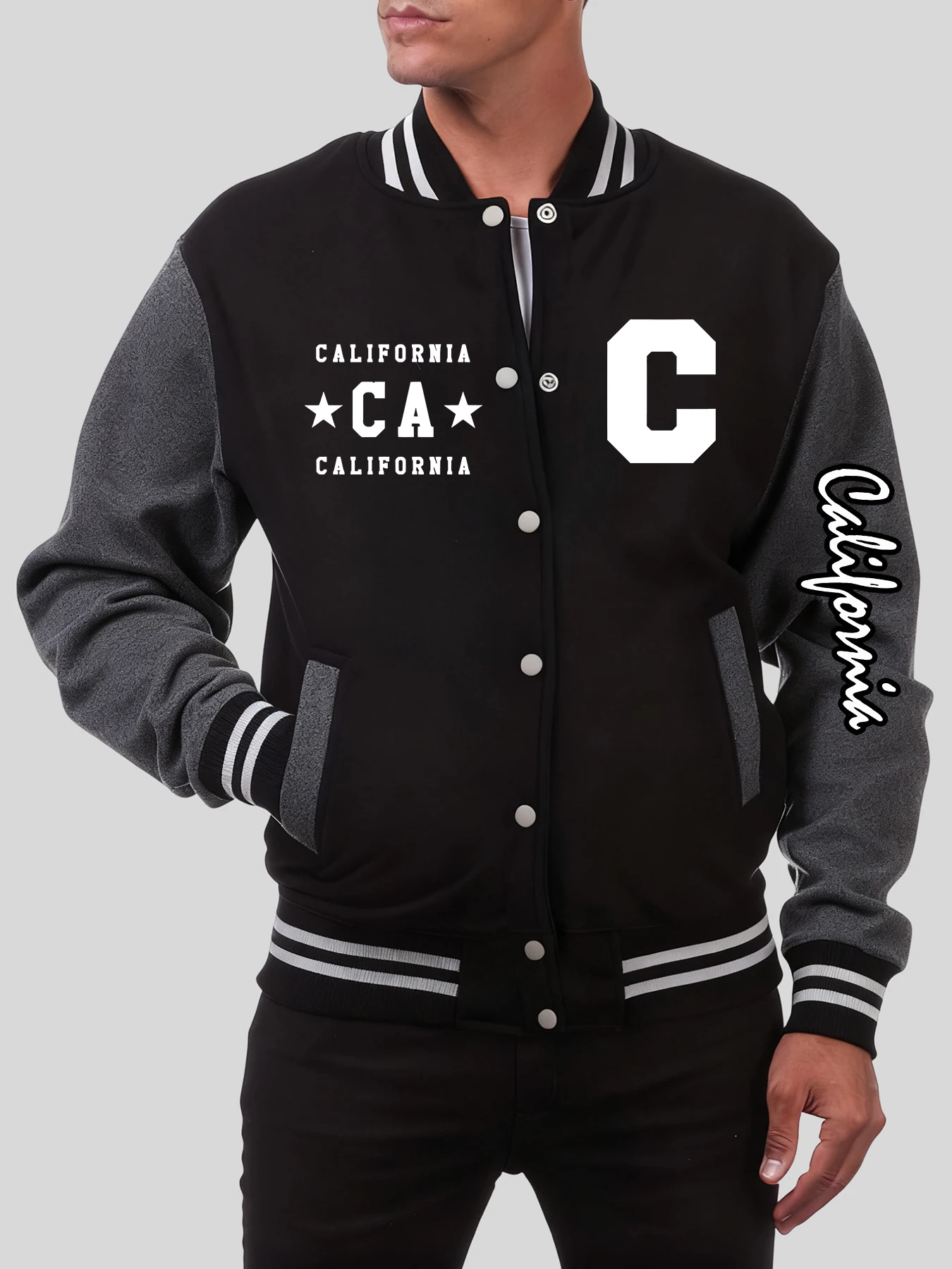 

California And Art Letter C Printed Men Baseball Uniform Fashion Pocket Jacket Autumn Warm Clothing Loose Fleece Jackets