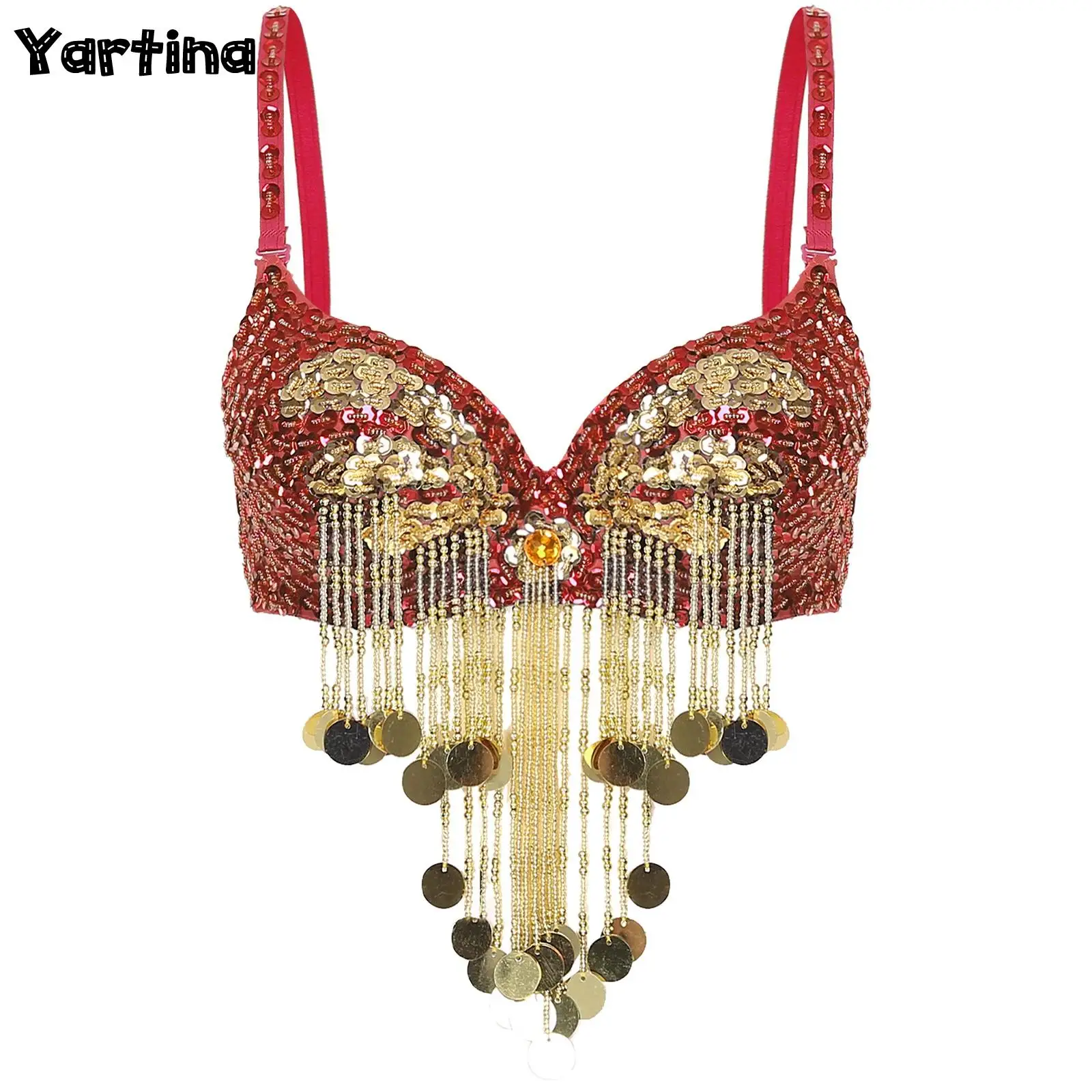 Womens Plastic Beaded Tassels Belly Dance Tops Indian Bellywood Rave Costume Adjustable Straps Shiny Sequins Underwired Bra