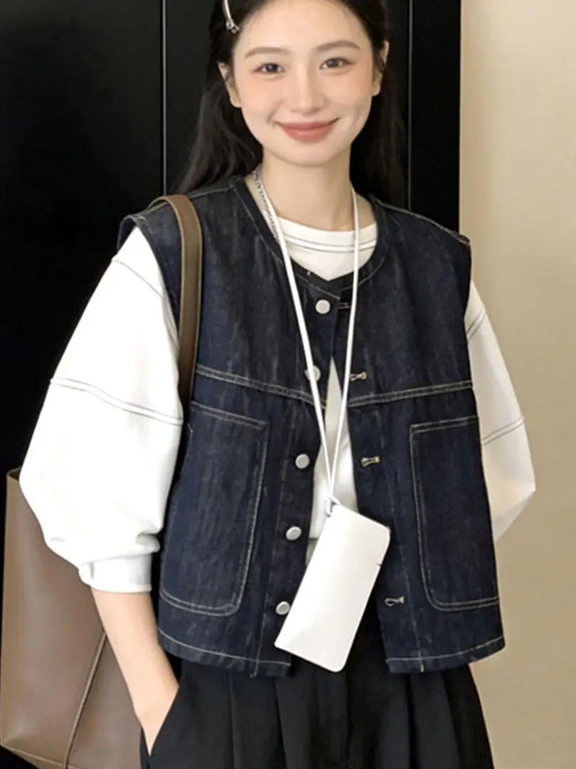 Korean Style Casual Versatile Denim Vest Women's Sleeveless round Neck Single Button Jacket Spring 2026 New Arrival