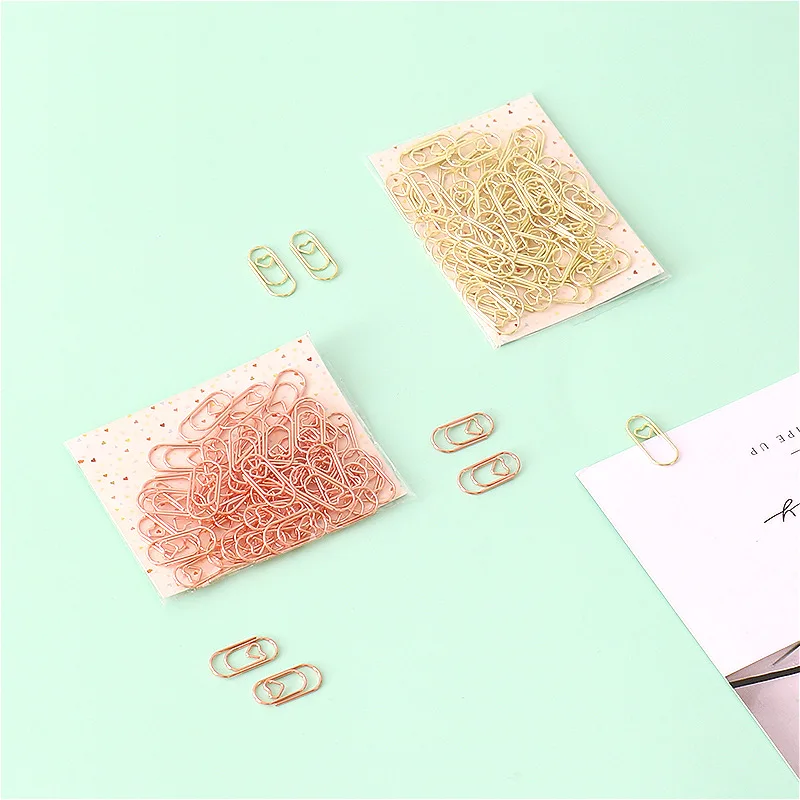50pcs /bag the mini heart gold rose gold Color Clip Bookmark Metal paper Clips
