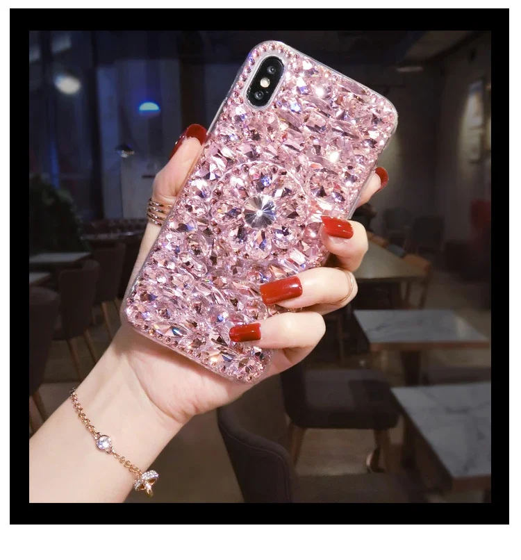 Luxury Bling Diamond Case for iPhone, Crystal Airbag Bracket Cover, 16 15 Plus, 11, 12 Mini, 13, 14 Pro Max, 7, 8, XR, XS Max