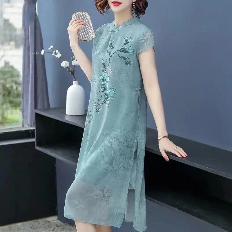 5XL ขนาดใหญ่ชุดแม่ฤดูร้อนใหม่ Noble แฟชั่น Cheongsam ชุดผู้หญิงวัยกลางคนยาวชีฟอง 4XLPrint ชุด Vestidos