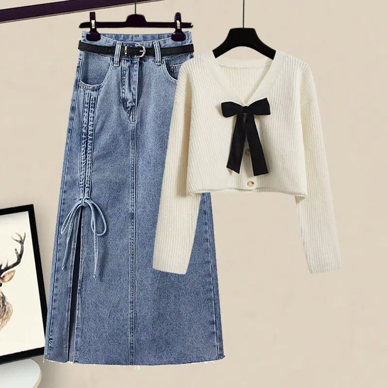 Oversized Women\'s Spring Set 2023 New Korean Sweetheart Reduced Age Knitted Sweater Denim Skirt Two Piece Set Fashion