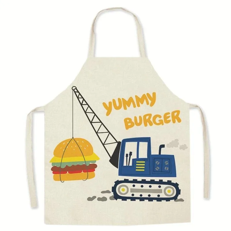 Cute Cartoon Excavator Truck Print Kids Apron Cotton Linen Boys Children Kitchen Cooking Baking Painting Art Craft Pinafore Bib