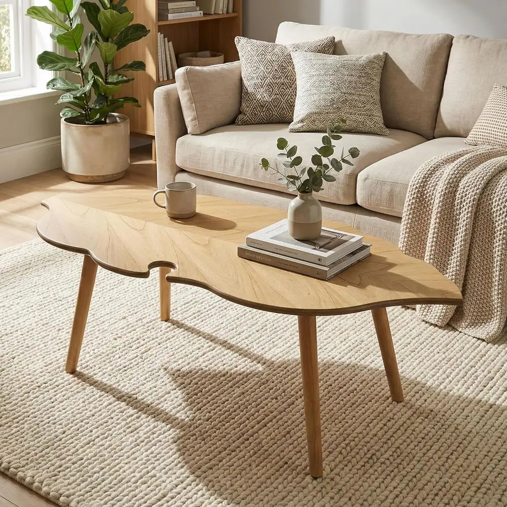 

Natural Wood Coffee Table for Living Room, Rustic Grain Center Table, Leather Side Table with Wooden Legs, Ideal for Bedroom or