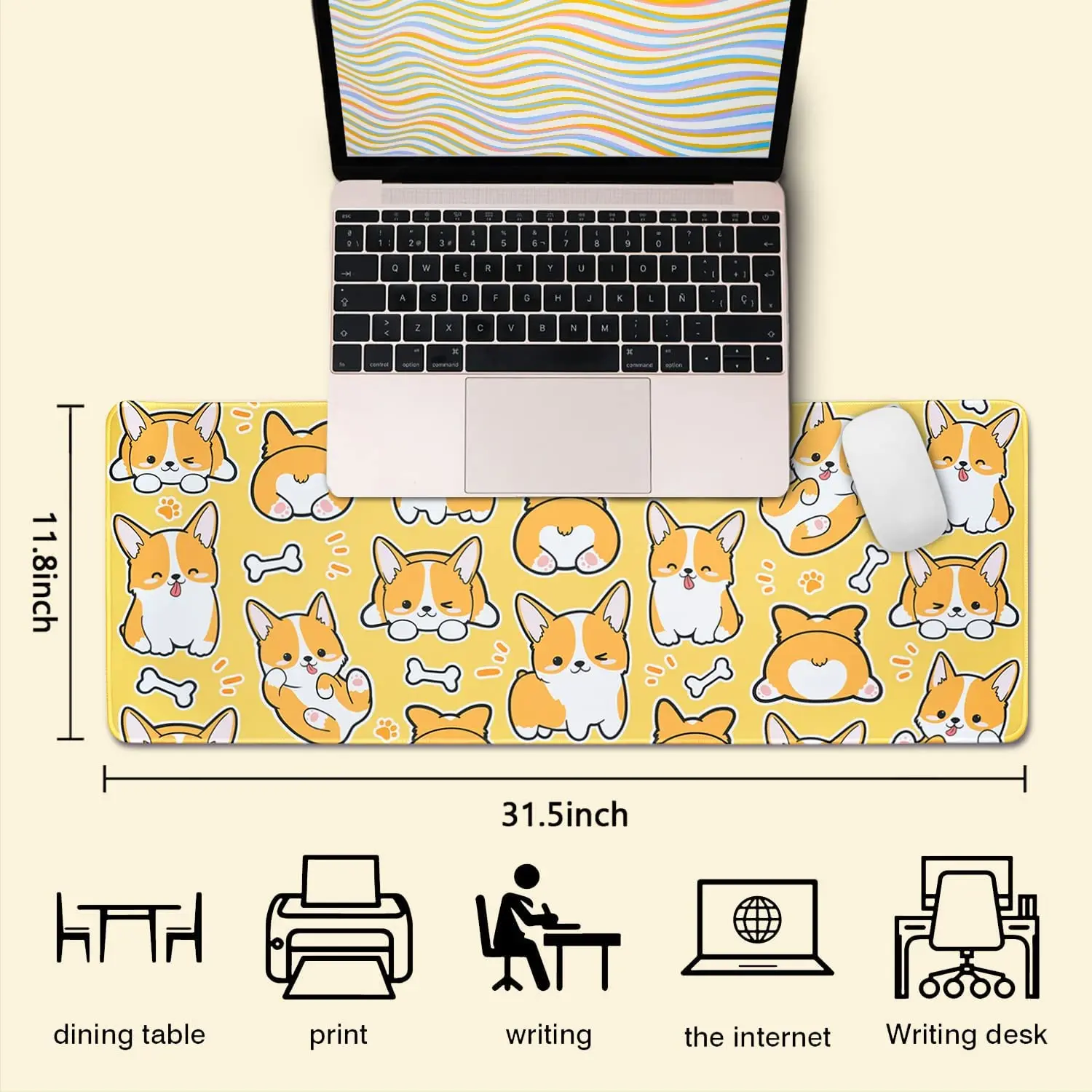 Kawaii Corgi Gaming Mouse Pad for Desk Extended Large Corgi Dog Mouse Pad Orange Mousepad XL 31.5 X 11.8 Inch