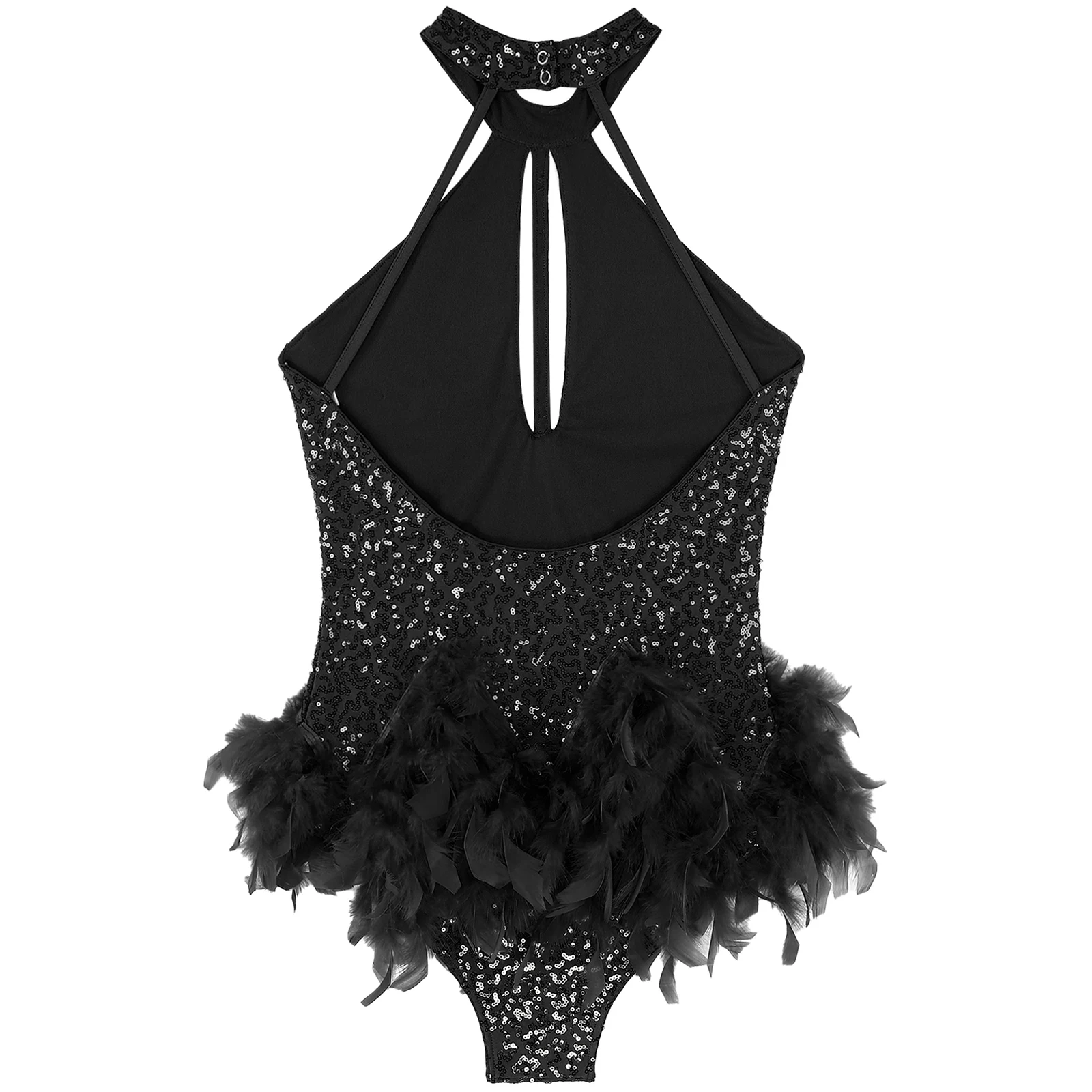 Women Latin Jazz Dance Bodysuit Skating Cha-cha Samba Rumba Tango Gymnastics Costume Sleeveless Backless Sequins Feather Leotard