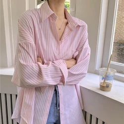 Women's 2024 Spring and Autumn New Collection Splicing Polo Collar Button Pocket Stripe Fashion Loose Casual Long Sleeve Shirts