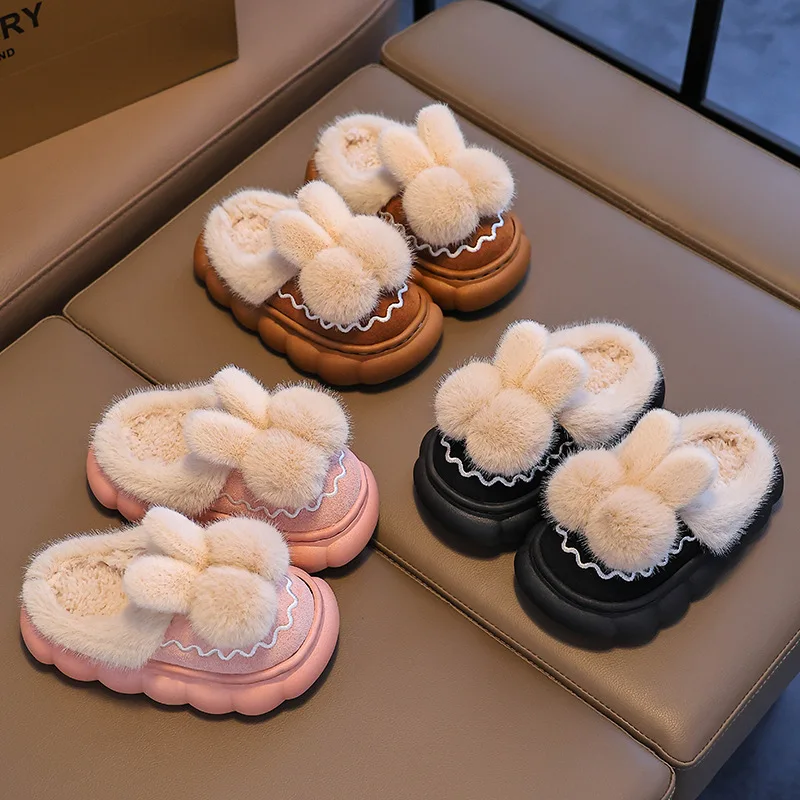 

Childrens Winter Platform Stripe Cute Plush Slipper Girls Warm Fleece Rabbit Non Slip Parent Boys Home Heel Kids Cotton Slippers