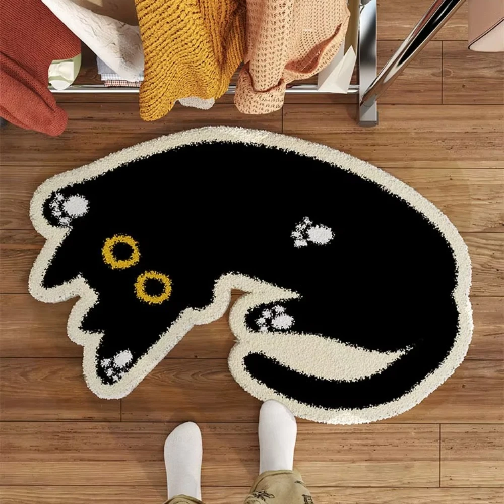 Alfombra de suelo irregular con forma de gato negro de dibujos animados, alfombra de felpa y franela para dormitorio, sala de estar, alfombra para la mesita de noche, resistente a la suciedad, decoración del hogar.