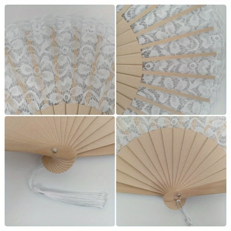9pcs Elegant Lace Pattern Chinese Fan Vintage Style Tassel Pendent Folding Fan Flower Design Hand Fan Wedding