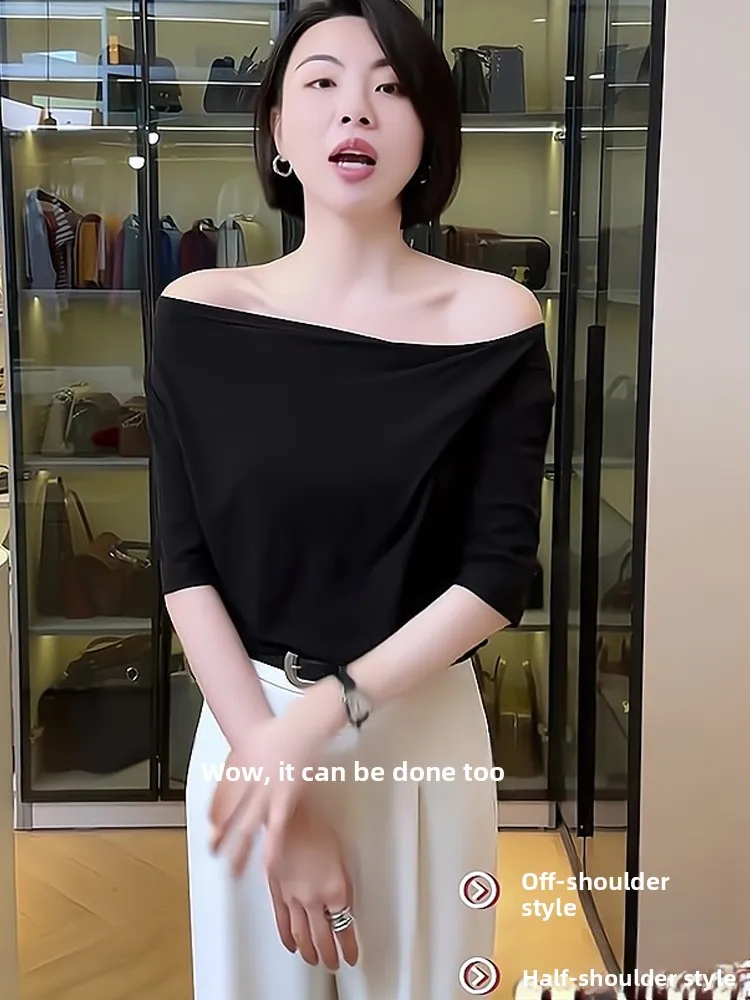 Lässiges Sommer-T-Shirt mit reinem Farbdesign, ort Sve, geraffter Kragen, gefalteter Oulder, High-End-Basis, irt, normale Passform, Seidenoberteil