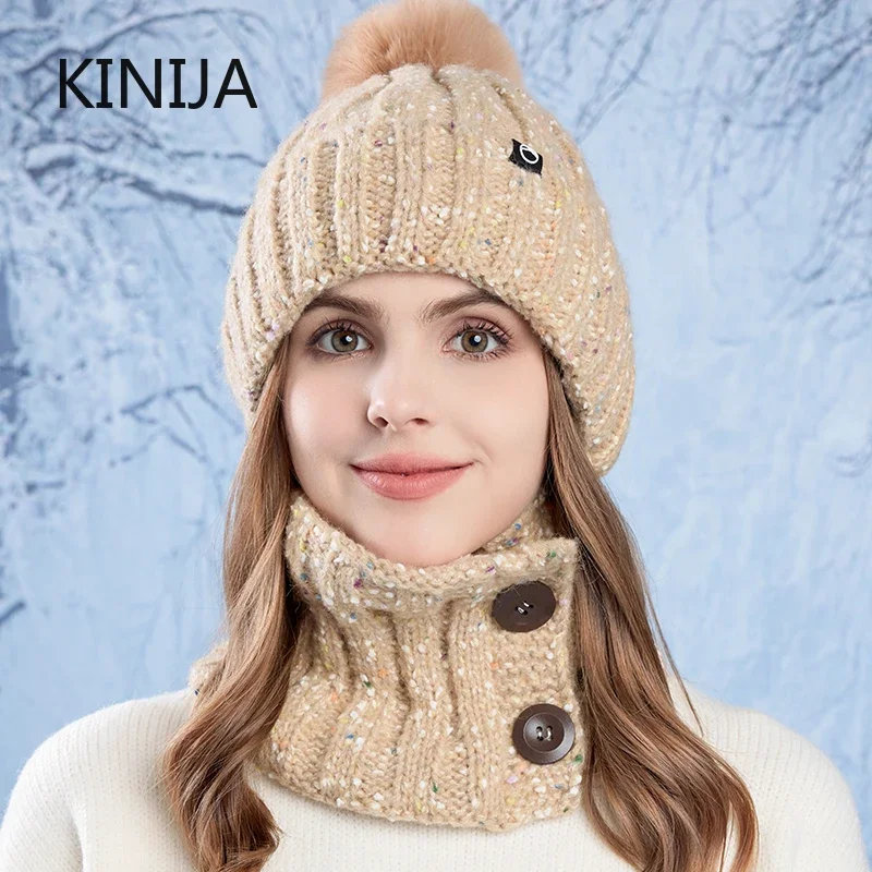 2PCS Set Winter Knitted Hat Scarf Set Snood Collar Women Warm Scarf Thick Beanies Skullies Outdoor Riding Bonnet Windproof Cap