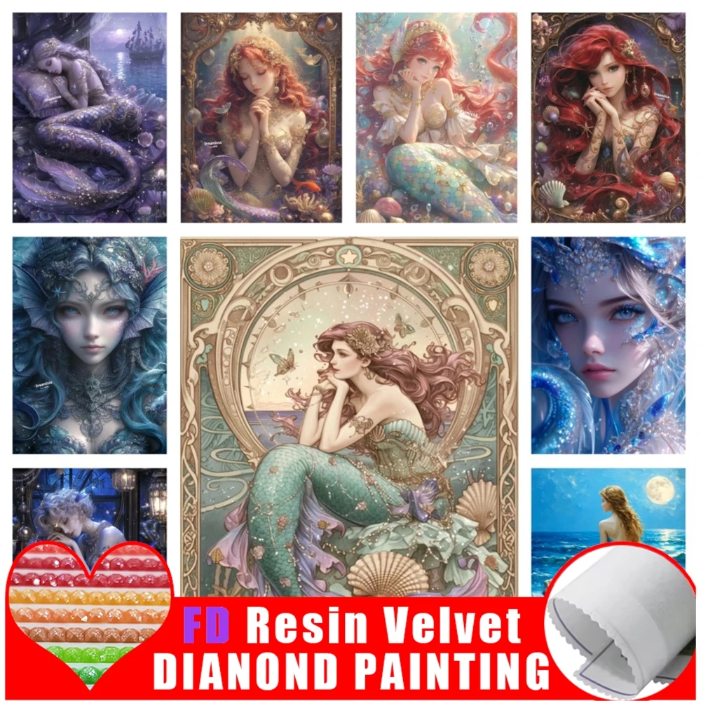 

FD Смола Diy Алмазная картина 2025 Новая коллекция Комплект Морская женщина Русалка Пейзаж Полный горный хрусталь Вышивка Мозаика Настенный декор