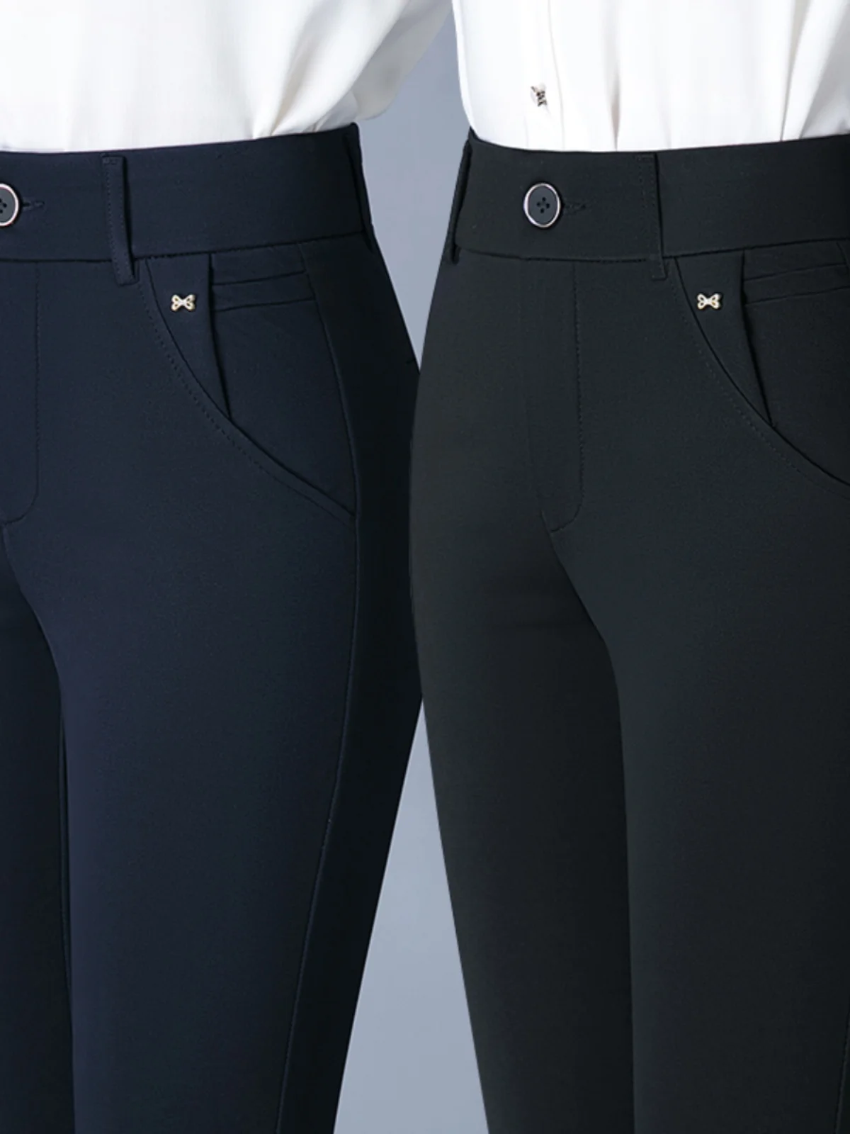 7XL Spring Autumn Casual Button Elastic Mid Waist Black&Navy Blue Straight Trousers Office Lady Quick Drying Suit Pants Female