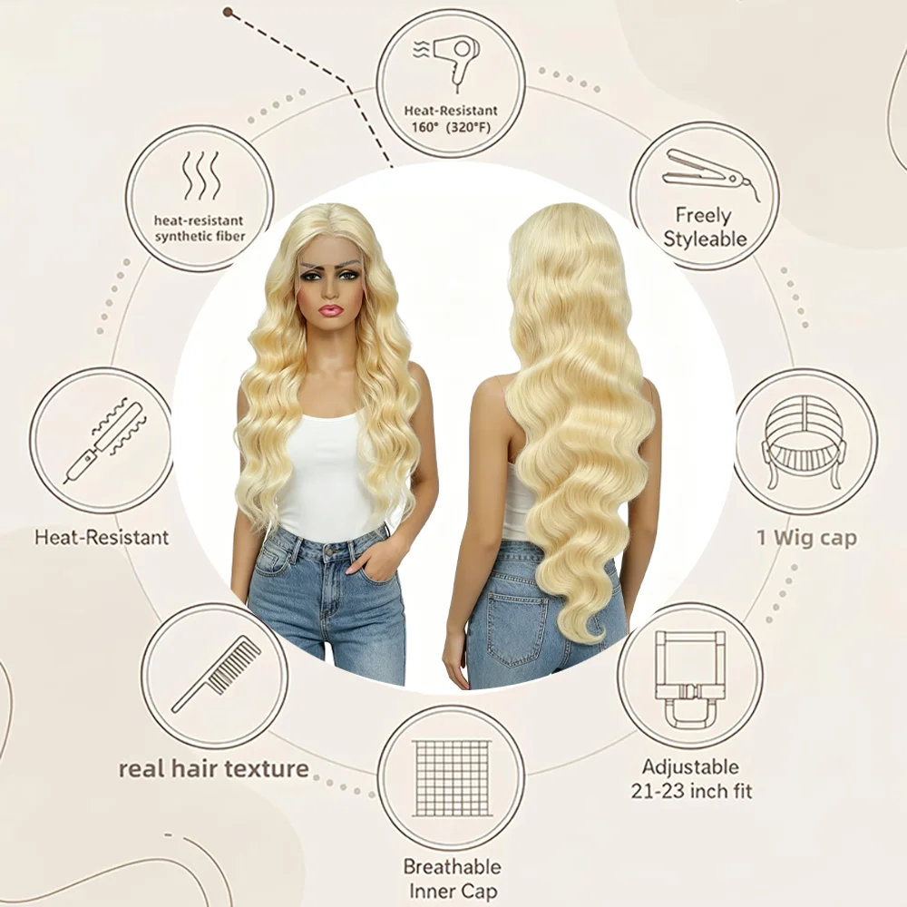 

613 Blonde Lace Front Wig Long Body Wave Pre Plucked Natural Hairline Heat Resistant Synthetic Wig For Women Daily Party Cosplay