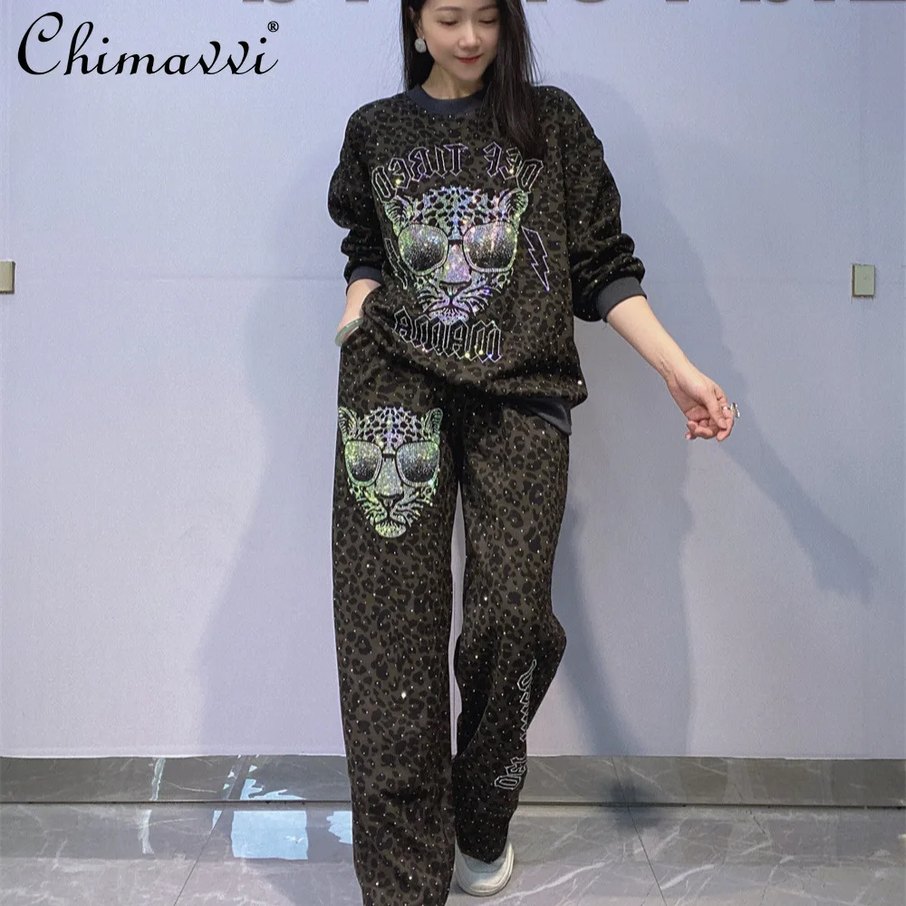 

Oversized Size Rhinestone Long Sleeve Round Neck Sweatshirt Leopard Print Pants Set Women New Autumn Fashion Casual Two-Piece