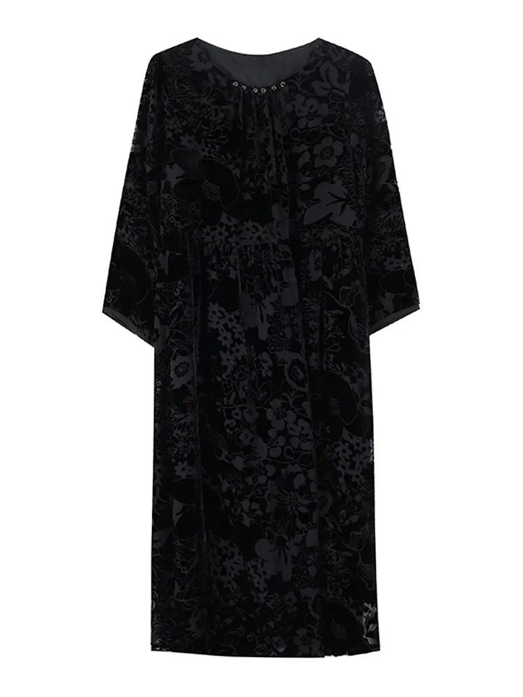 Koreanische Vintage Hepburn Lange Herbst Winter Schwarz Seide Beflockung Haken Blume Hohl Kleid Frauen Luxus Elegante Vessios XQ323