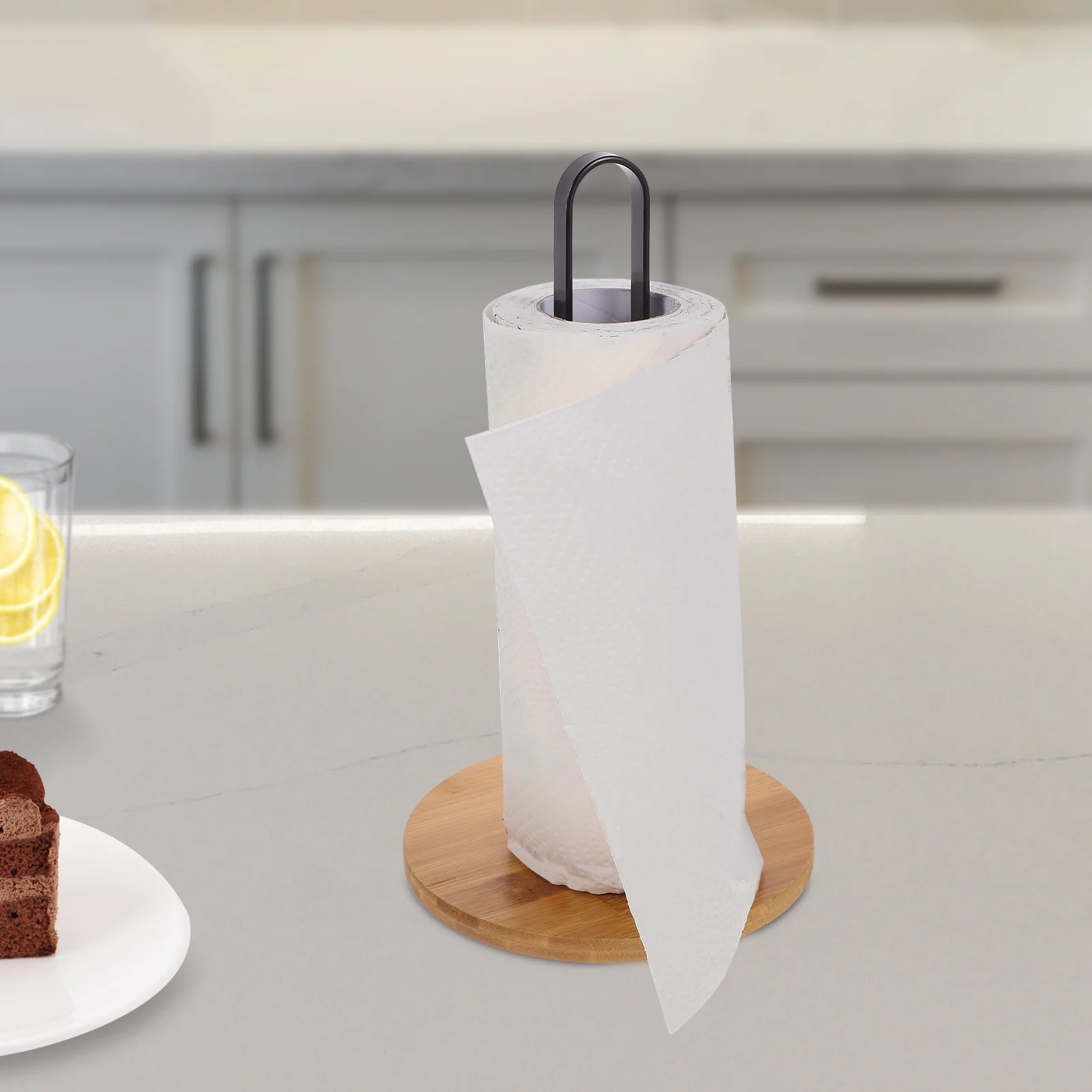 حامل لفائف الورق المعدنية الخشبية تصميم عمودي غير قابل للانزلاق أسفل المطبخ الحمام منشفة حامل كونترتوب حامل المناشف الورقية