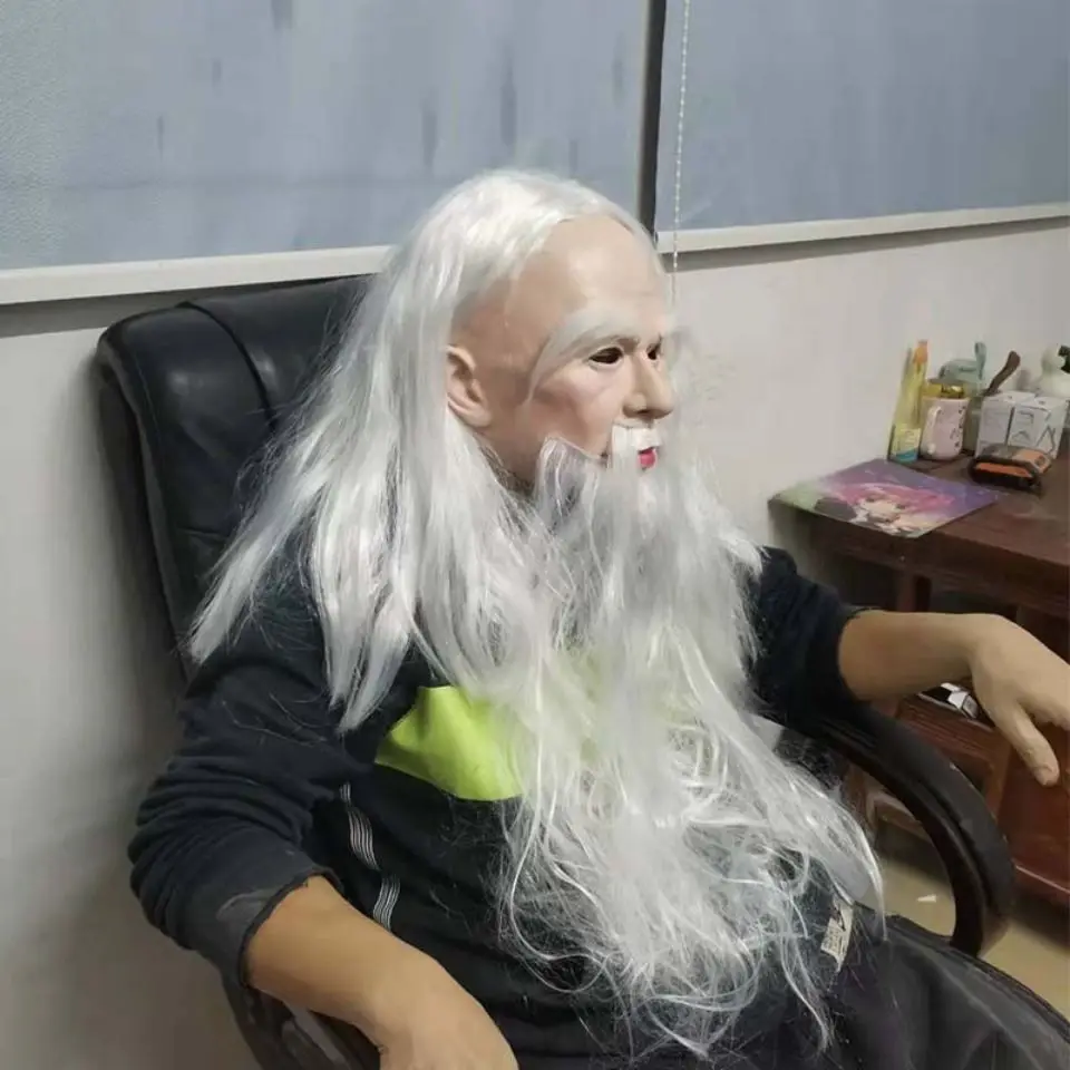 Cabelo branco mago máscara com barba branca, vovô tampa da cabeça, Santa Latex Role Play Adereços, Adereços de Halloween, Engraçado