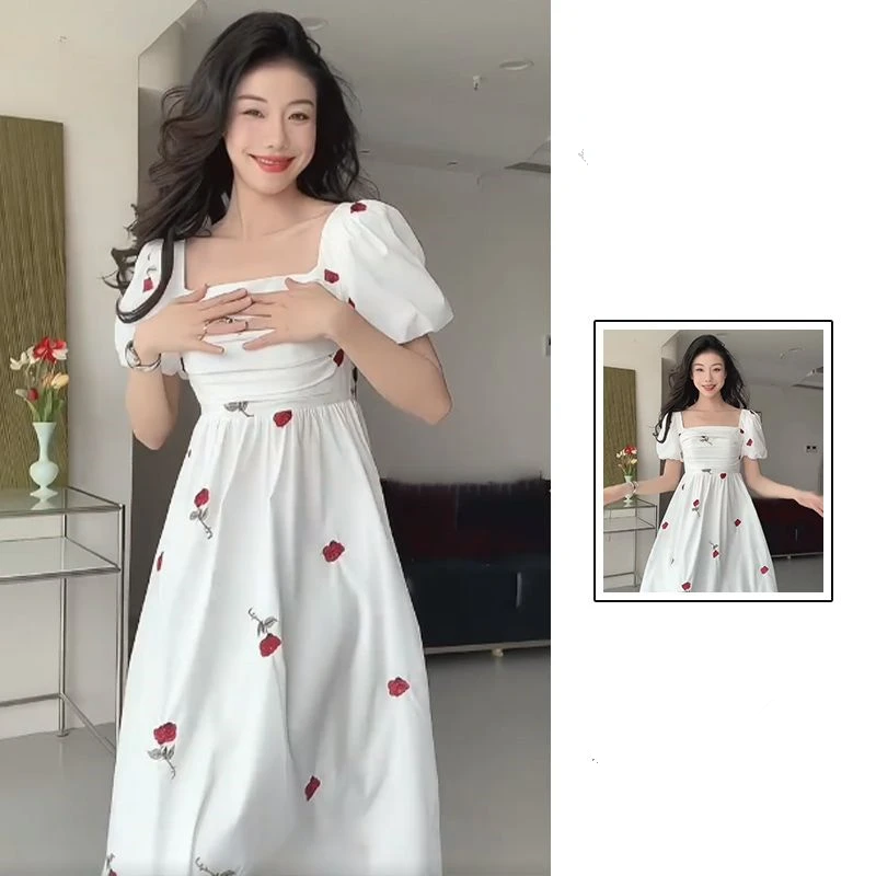 2023 Sommer neue Frauen langes Kleid koreanische Dame schicke Blumen quadratischen Kragen Puff ärmel weiße Kleider anmutige Fee Robe weiblich