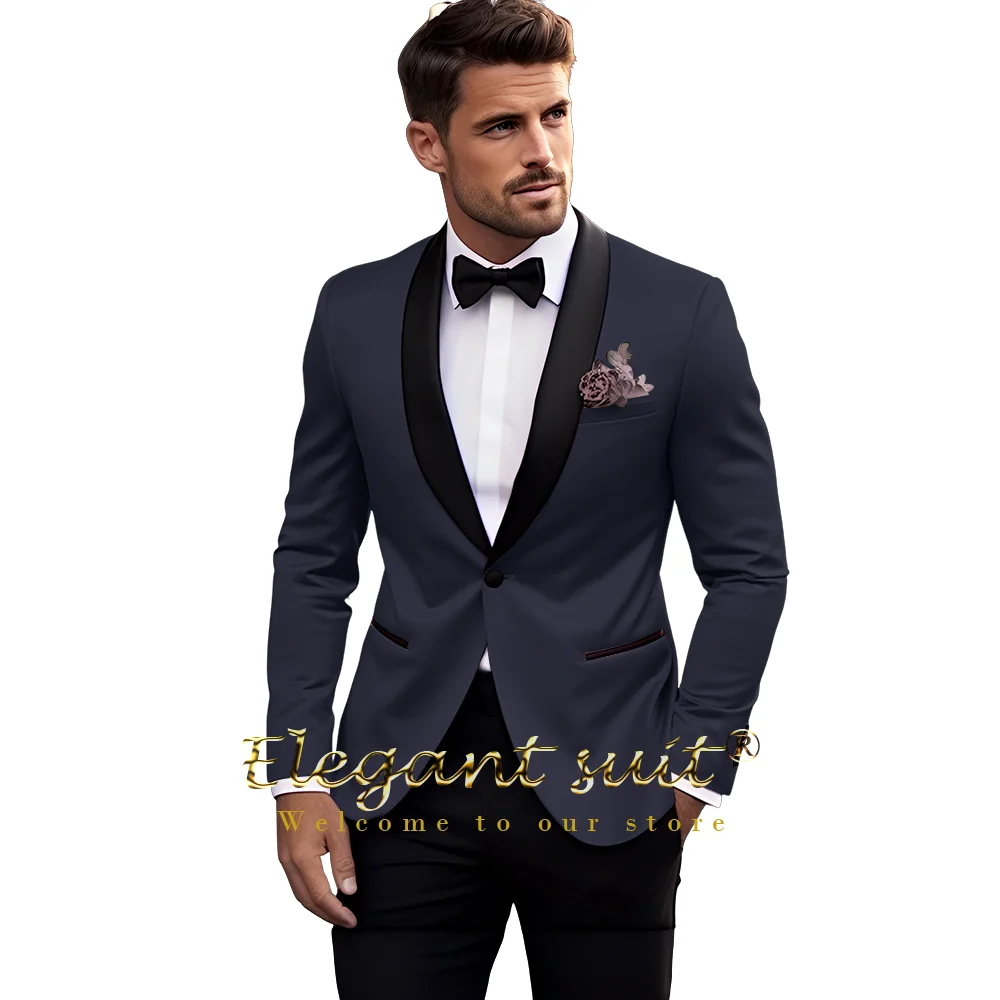 Men\'s Khaki Wedding Black Shawl Collar Suit 2 Piece Suit (Single Button Jacket Black Trousers) Custom Handmade Dress