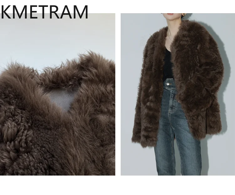 سترة KMETRAM 100% من صوف توسكانا الطبيعي من فرو الغنم للنساء برقبة على شكل حرف v معطف فرو حقيقي فاخر ملابس شتوية للنساء Fourrure 2025