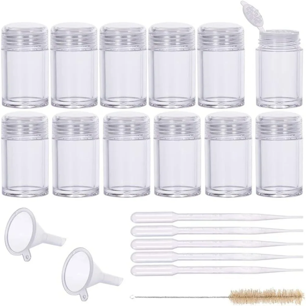 12Packs 10ml/0.34oz Small Plastic Loose Powder Bottle Jars Glitter Containers with Sifter Cleaning Brush Funnel and Droppers