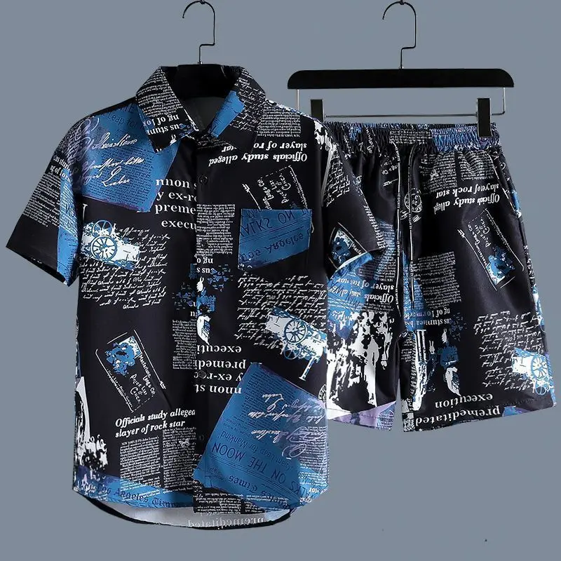 

Harajuku Popular Funny Novelty letter 3D Print shirt +Shorts Short Sleeve Flip collar shirts half pants Two Piece Set