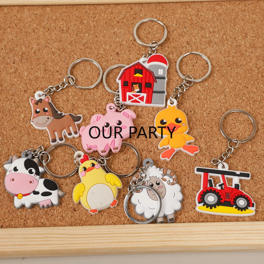 8Pcs/set Cute Farm Animal Theme Keychains Backpack Pendant for Kids Birthday Party Favors Baby Shower Goodie Bag Pinata Fillers
