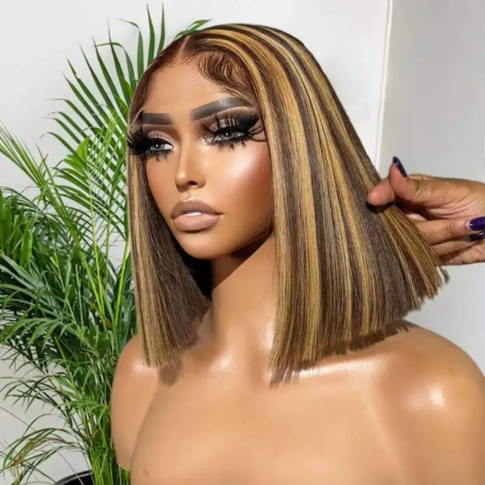 

P4/27 Highlight Bone Straight Bob Wigs 13x4 Transparent Lace Frontal Bob Wig Human Hair 200% Density Pre Plucked For Black Women