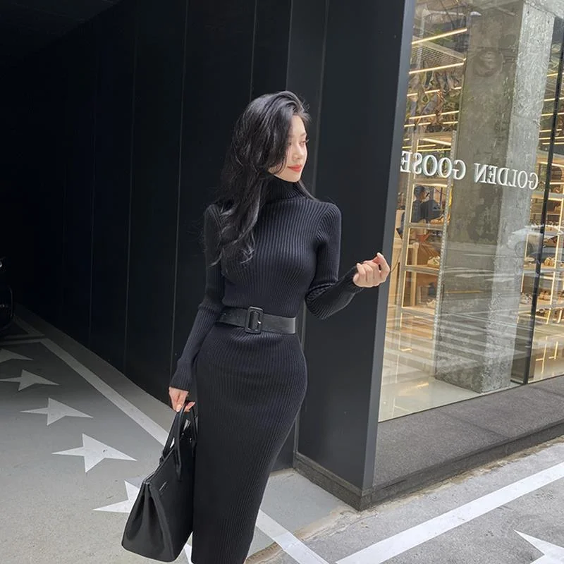 New Women Autumn Winter Midi Party Vestidos Slim Elastic Turtleneck Knit Bottomed Hip Wrap Bodycon Sweater Dress