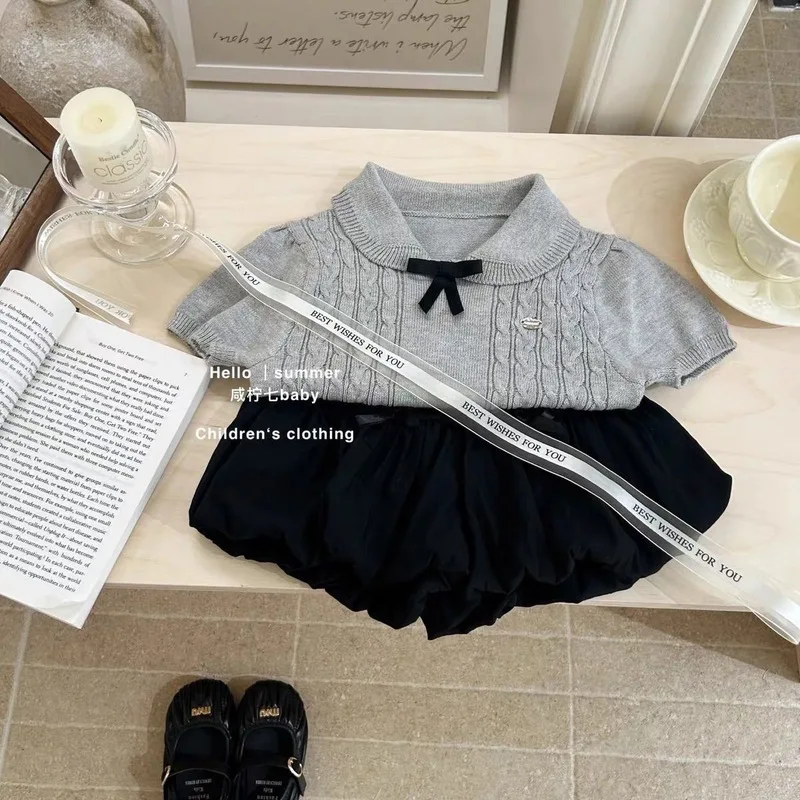 Baby girl summer outfit2026Summer girls' stylish two-piece set with bow-knot knit short sleeves and fashionable bud shorts